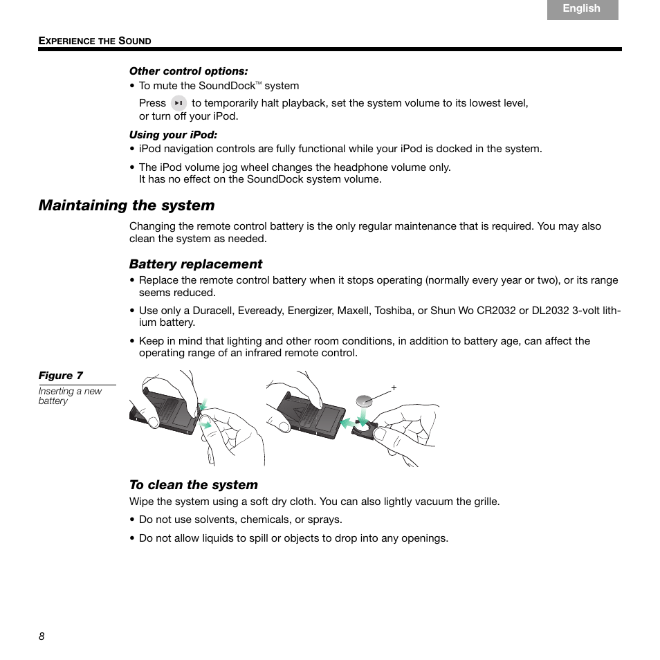 Maintaining the system, Battery replacement | Bose 336 User Manual | Page 8 / 72