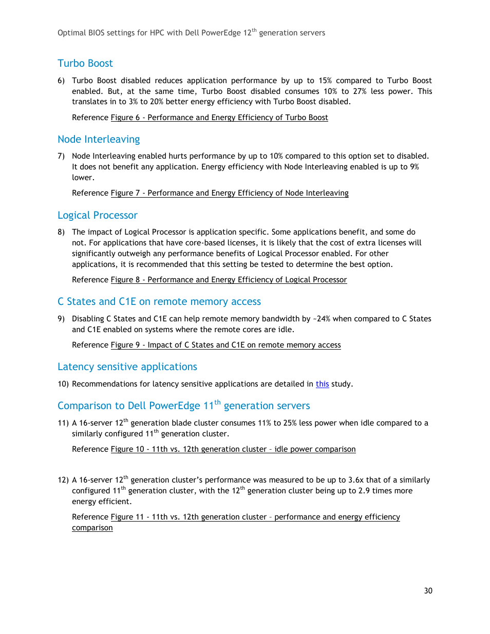 Turbo boost, Node interleaving, Logical processor | Latency sensitive applications, Comparison to dell poweredge 11, Generation servers | Dell PowerEdge 1655MC User Manual | Page 30 / 32