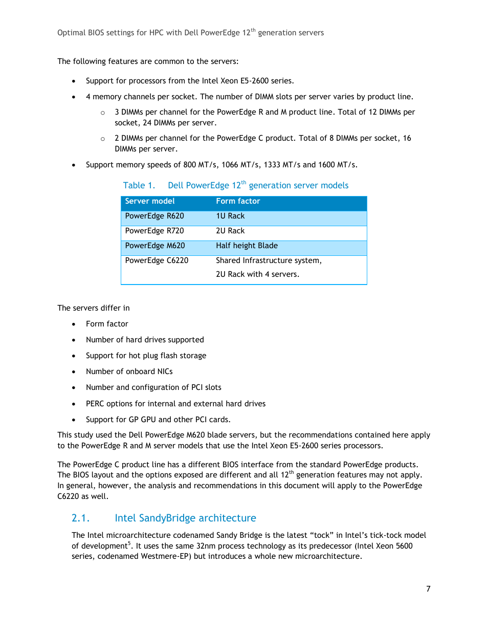 Intel sandybridge architecture, Table 1, Dell poweredge 12 | Generation server models | Dell PowerEdge 1655MC User Manual | Page 7 / 32