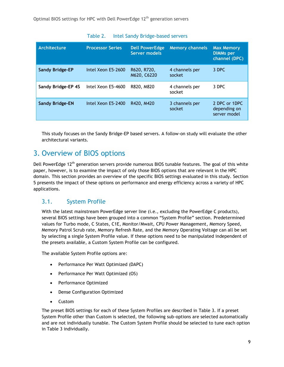 Overview of bios options, System profile, Table 2 | Intel sandy bridge-based servers | Dell PowerEdge 1655MC User Manual | Page 9 / 32
