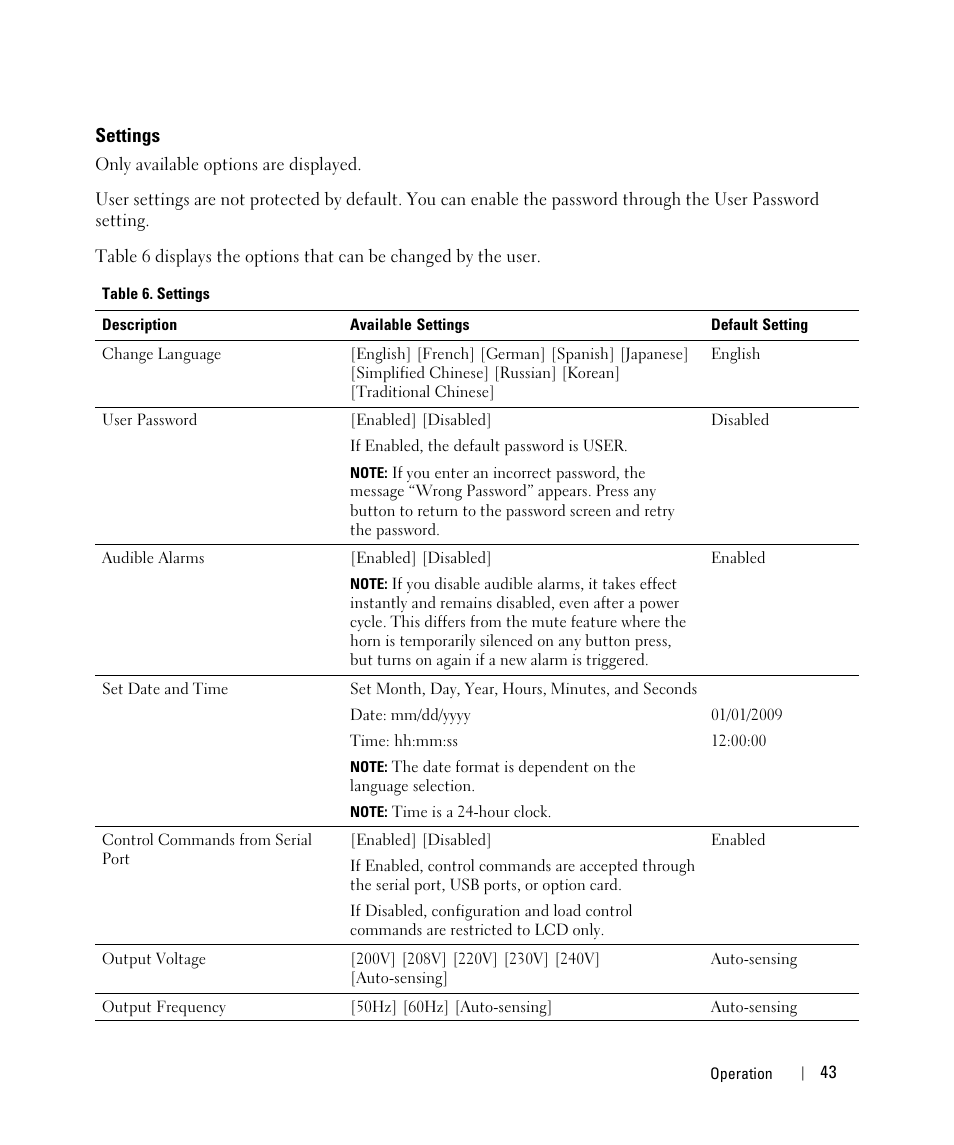 Settings | Dell UPS 4200R User Manual | Page 23 / 52