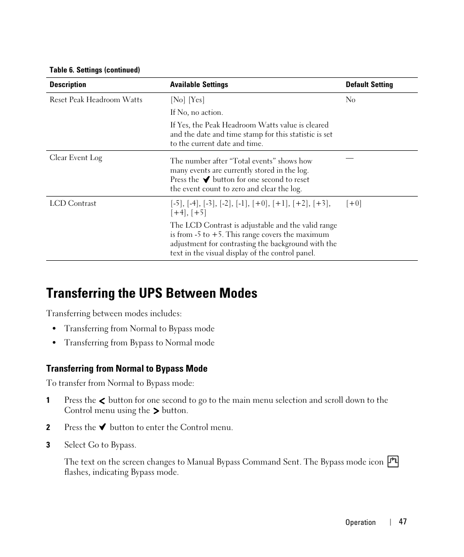 Transferring the ups between modes, Transferring from normal to bypass mode | Dell UPS 4200R User Manual | Page 27 / 52