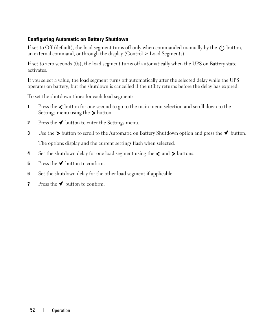 Configuring automatic on battery shutdown, Operation, Ups startup and shutdown | Starting the ups | Dell UPS 4200R User Manual | Page 32 / 52