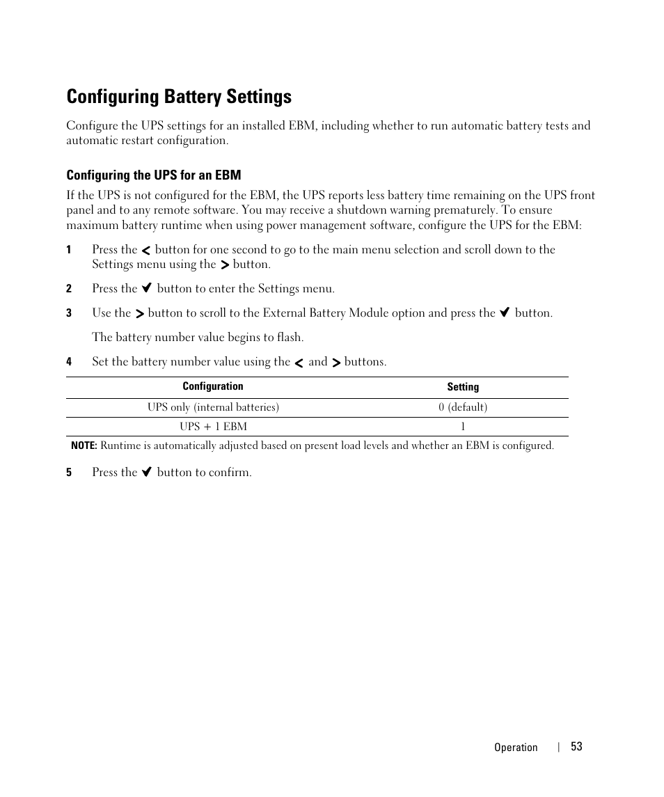 Configuring battery settings, Configuring the ups for an ebm, Starting the ups on battery | Ups shutdown | Dell UPS 4200R User Manual | Page 33 / 52