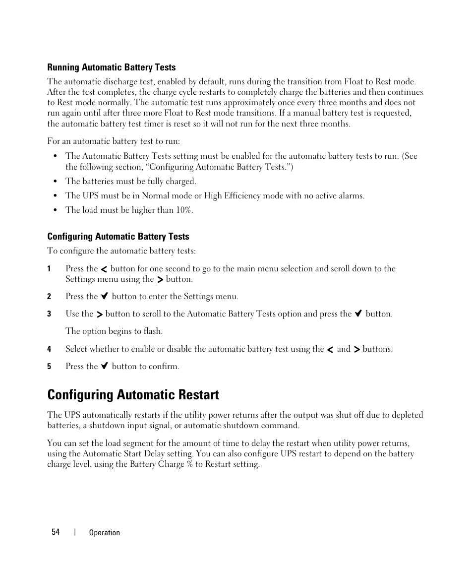 Running automatic battery tests, Configuring automatic battery tests, Configuring automatic restart | Control panel functions | Dell UPS 4200R User Manual | Page 34 / 52