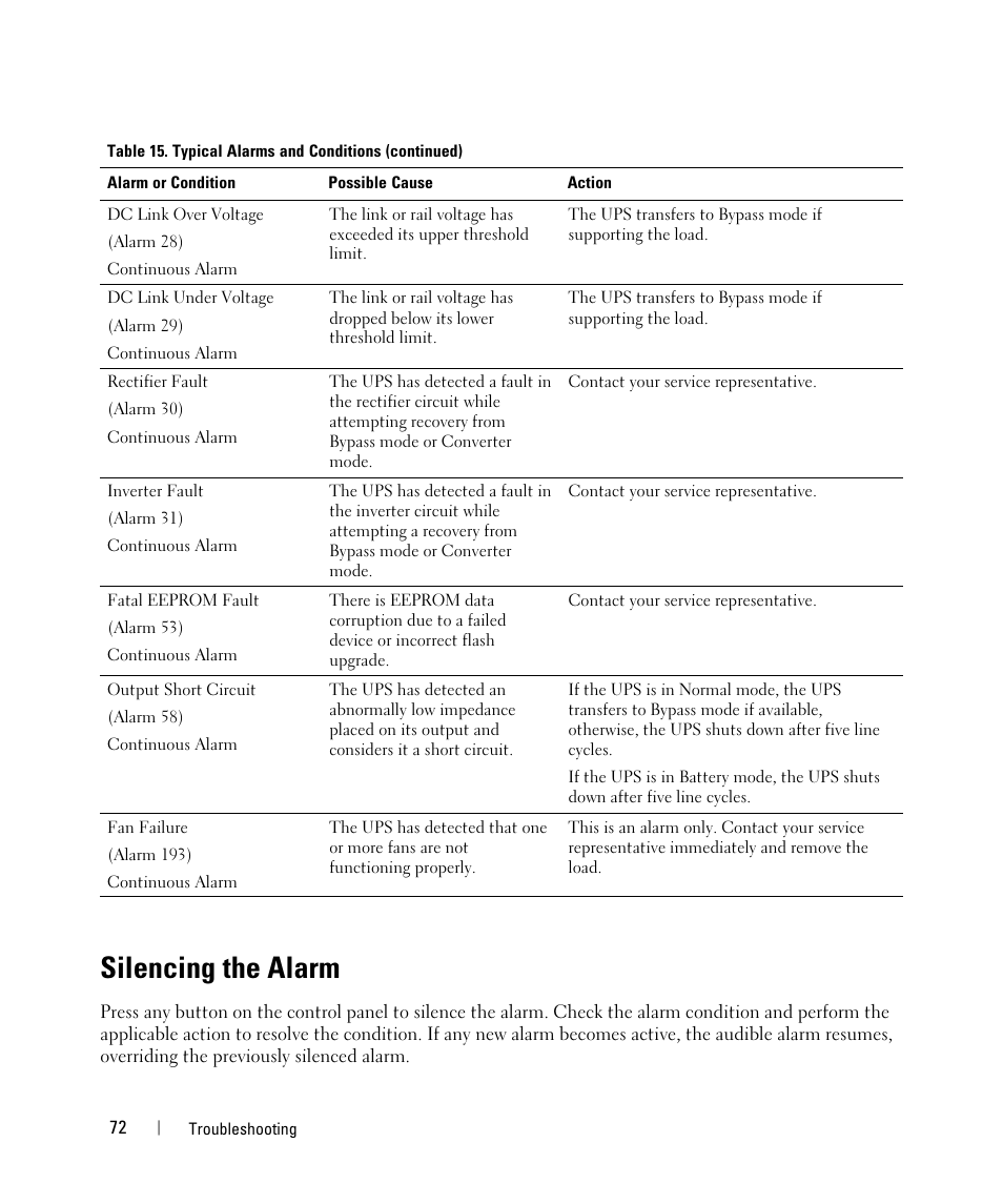 Silencing the alarm, Configuring automatic on battery shutdown | Dell UPS 4200R User Manual | Page 52 / 52