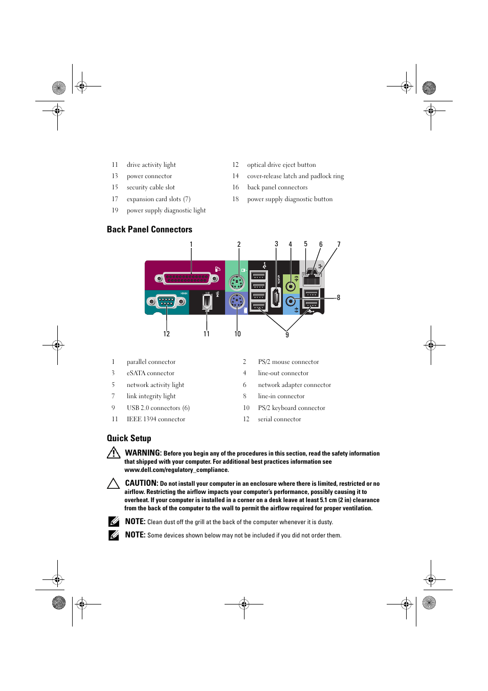 Back panel connectors, Quick setup, Back panel connectors quick setup | Dell Precision T7500 (Early 2009) User Manual | Page 2 / 8