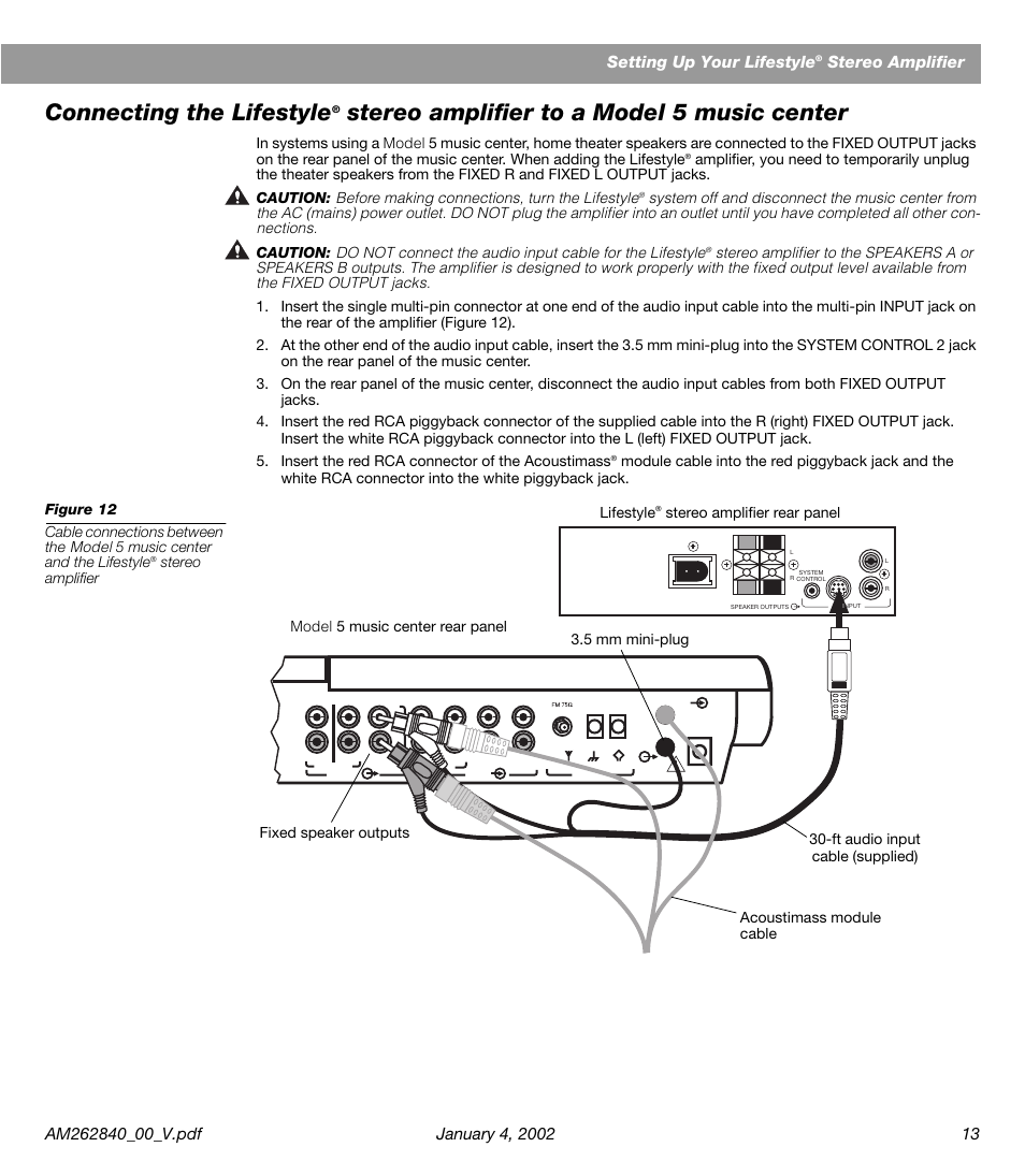 Connecting the lifestyle, Stereo amplifier to a model 5 music center, Stereo amplifier | Lifestyle | Bose AM262840 User Manual | Page 15 / 22