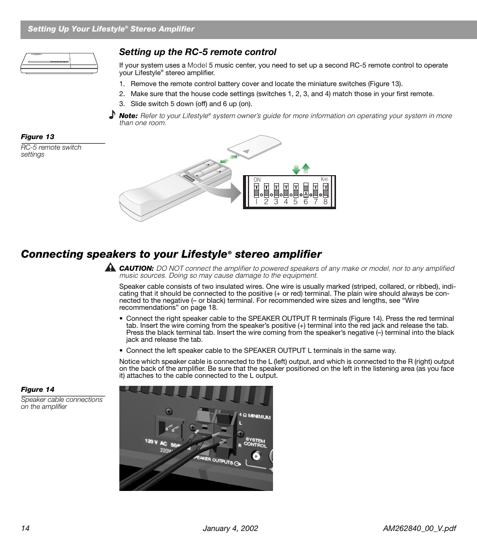 Connecting speakers to your lifestyle, Stereo amplifier, Setting up the rc-5 remote control | Bose AM262840 User Manual | Page 16 / 22