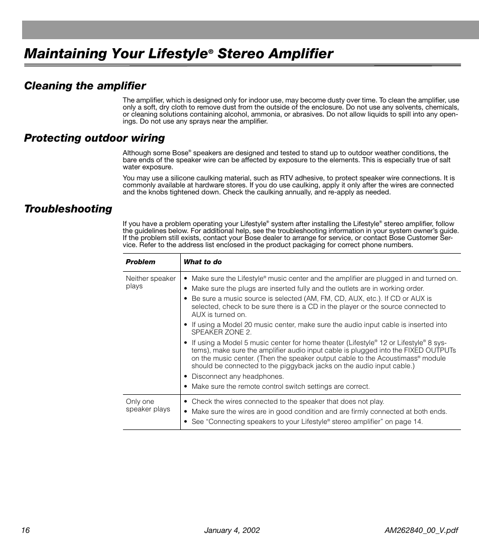 Maintaining your lifestyle® stereo amplifier, Cleaning the amplifier, Protecting outdoor wiring | Troubleshooting, Maintaining your lifestyle, Stereo amplifier | Bose AM262840 User Manual | Page 18 / 22