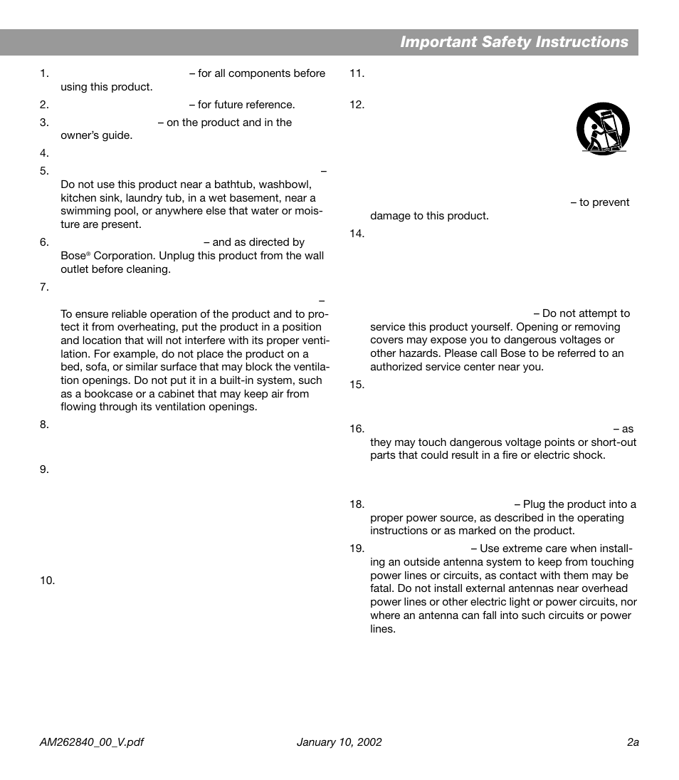 Important safety instructions | Bose AM262840 User Manual | Page 3 / 22