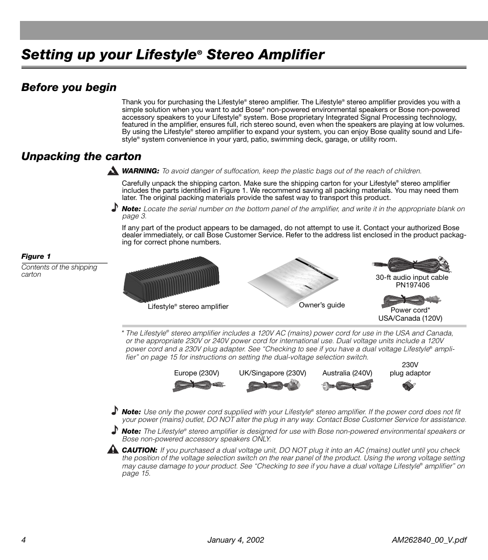 Setting up your lifestyle® stereo amplifier, Before you begin, Unpacking the carton | Setting up your lifestyle, Stereo amplifier | Bose AM262840 User Manual | Page 6 / 22