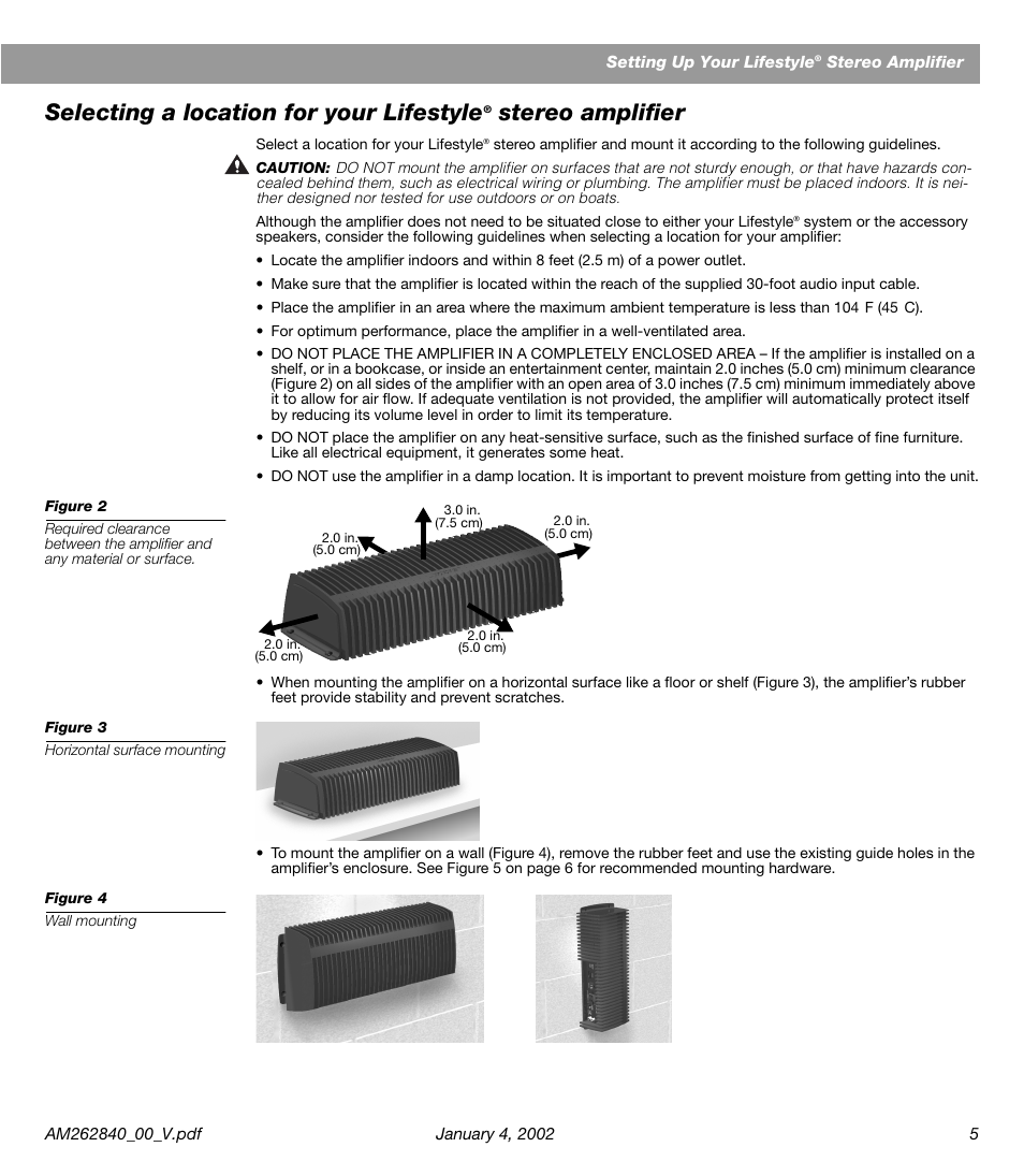 Selecting a location for your lifestyle, Stereo amplifier | Bose AM262840 User Manual | Page 7 / 22
