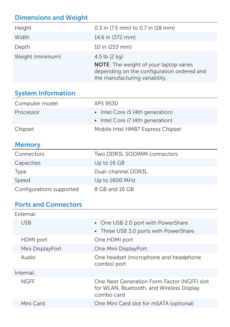 Dimensions and weight, System information, Ports and connectors | Dell XPS 15 (9530, Late 2013) User Manual | Page 2 / 6