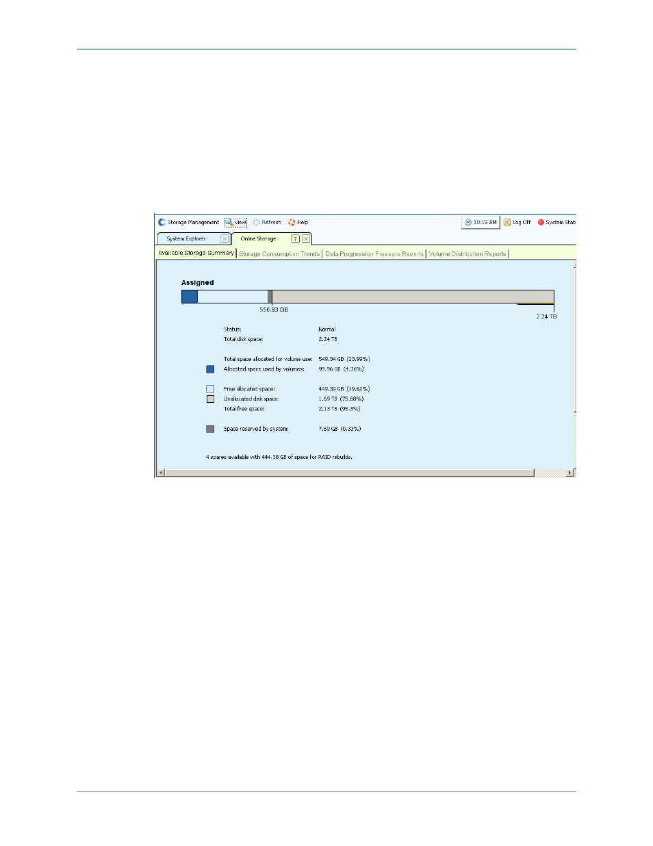 Viewing disk space usage summary, Available storage summary | Dell Compellent Series 40 User Manual | Page 228 / 448
