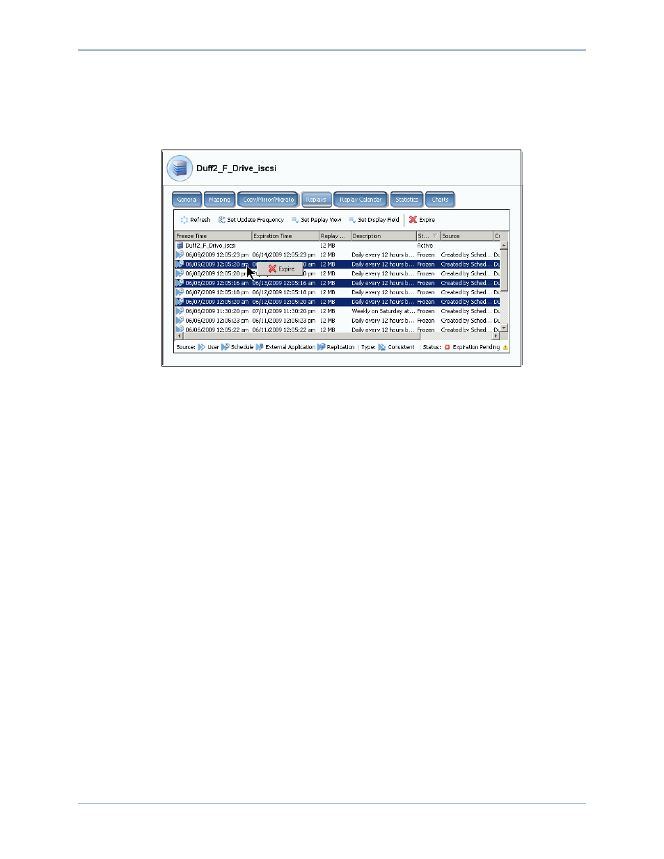 Expiring multiple replays, Pausing and resuming replays | Dell Compellent Series 40 User Manual | Page 321 / 448