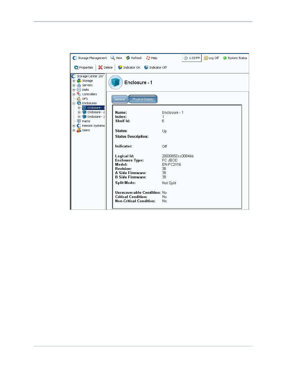 Viewing general information for an enclosure | Dell Compellent Series 40 User Manual | Page 369 / 448