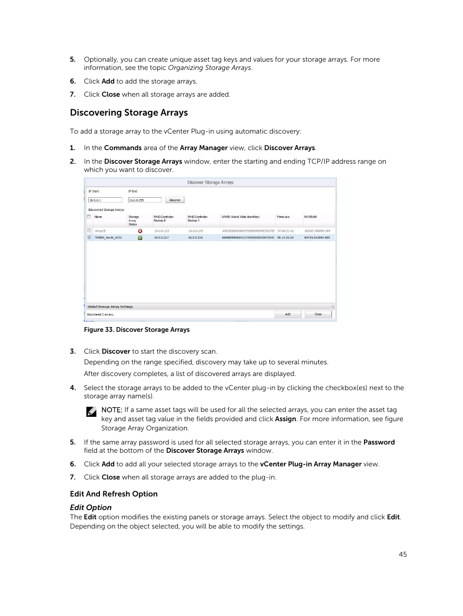 Discovering storage arrays | Dell PowerVault MD3860f User Manual | Page 45 / 88