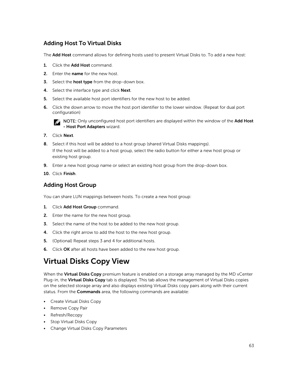 Adding host to virtual disks, Adding host group, Virtual disks copy view | Dell PowerVault MD3860f User Manual | Page 63 / 88