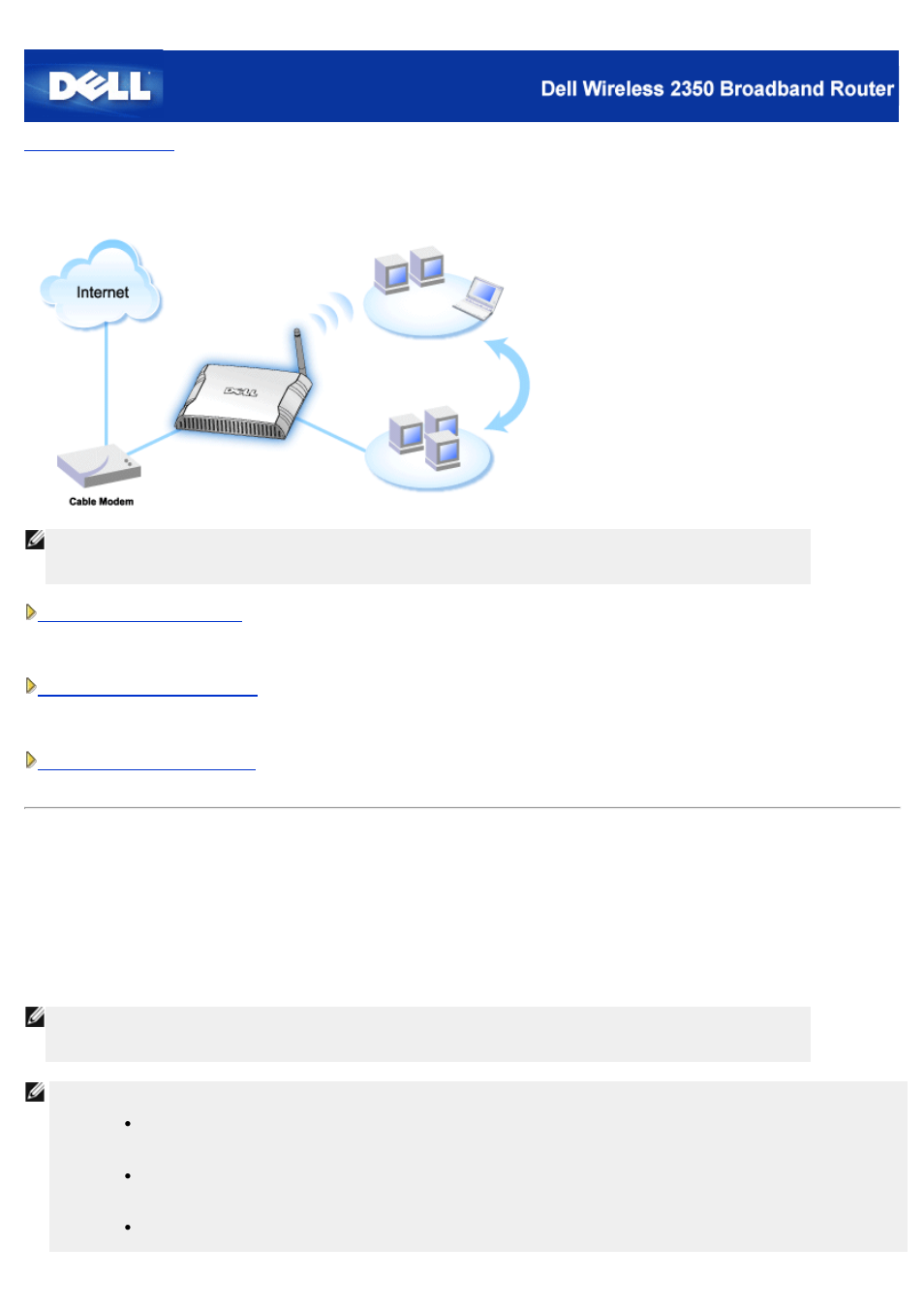 Cable modem connection, Cable modem - standard setup | Dell 2350 Wireless Broadband Router User Manual | Page 12 / 211