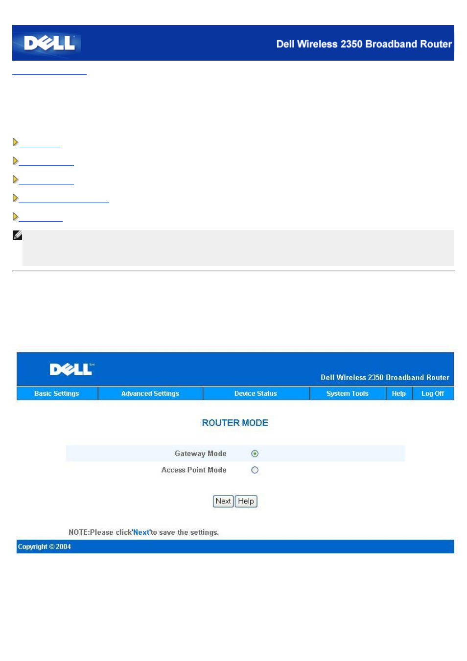 Dell wireless 2350 broadband router user's guide, Basic settings, Router mode | Dell 2350 Wireless Broadband Router User Manual | Page 149 / 211