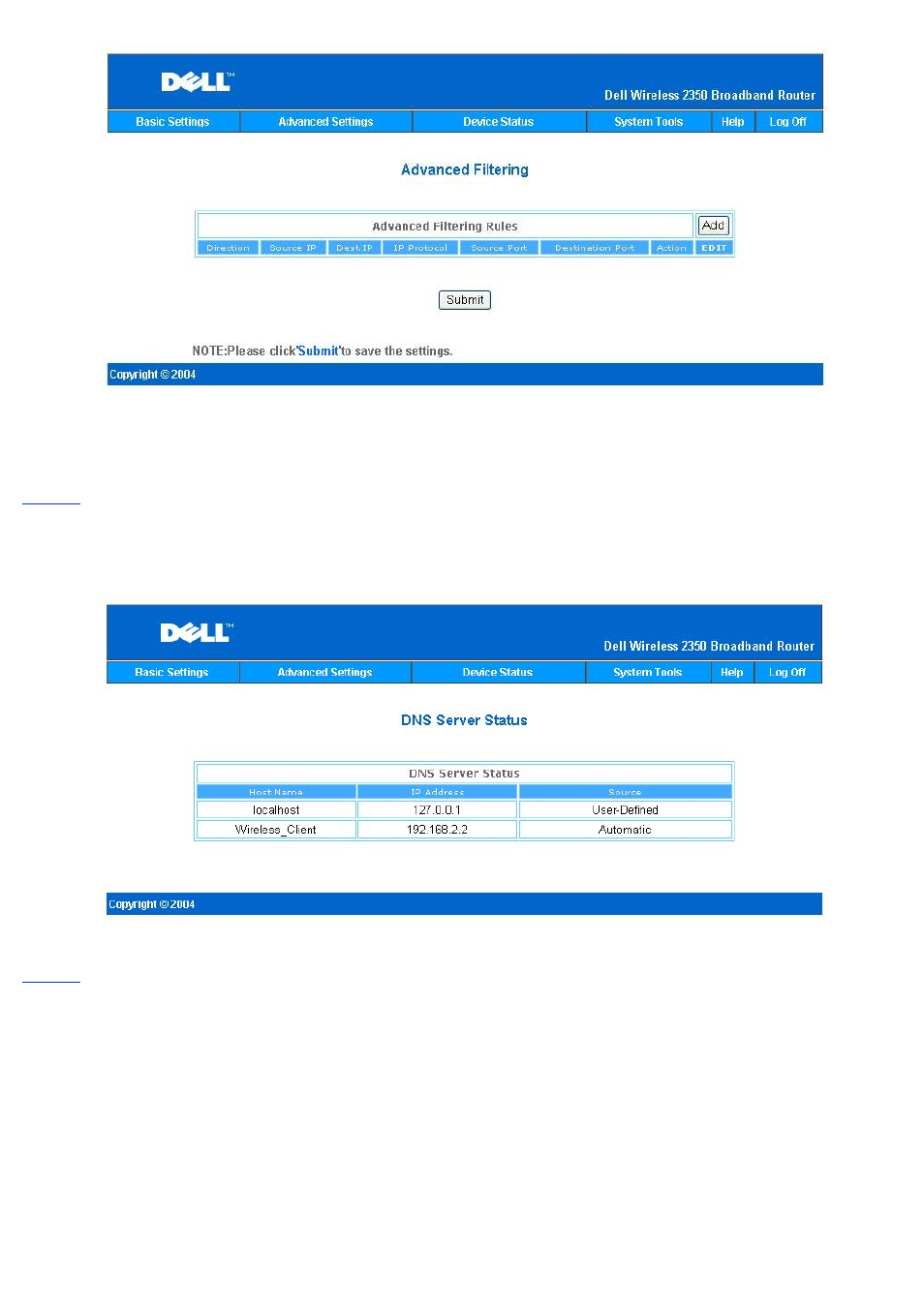 Dns server status, Dynamic dns | Dell 2350 Wireless Broadband Router User Manual | Page 162 / 211