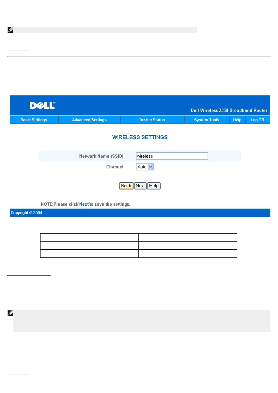 Wireless settings | Dell 2350 Wireless Broadband Router User Manual | Page 193 / 211