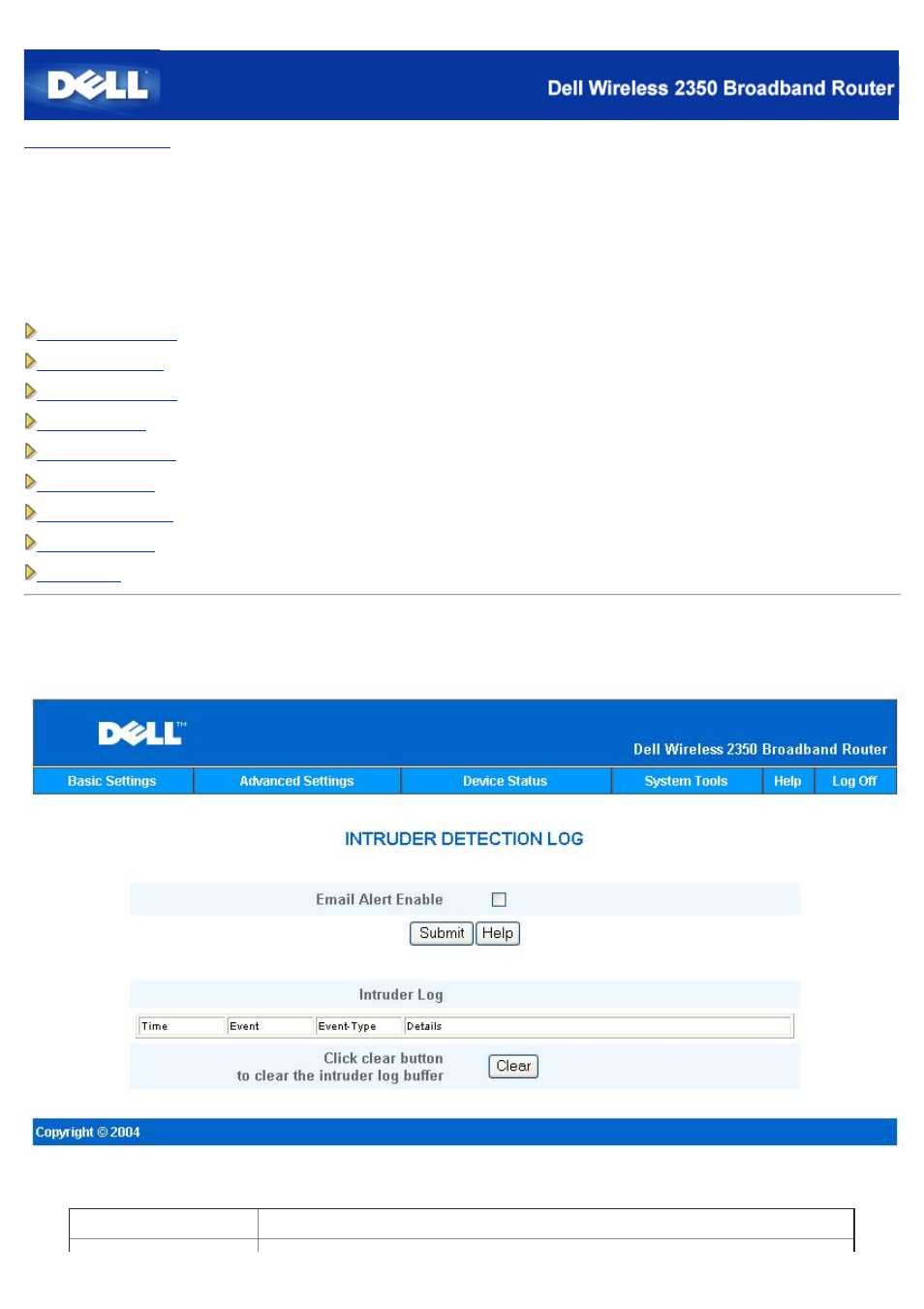 Dell wireless 2350 broadband router user's guide, System tools, Intruder detection log | Dell 2350 Wireless Broadband Router User Manual | Page 200 / 211