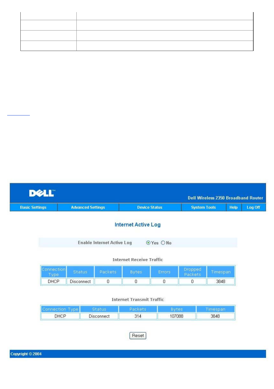 Internet activity log | Dell 2350 Wireless Broadband Router User Manual | Page 201 / 211