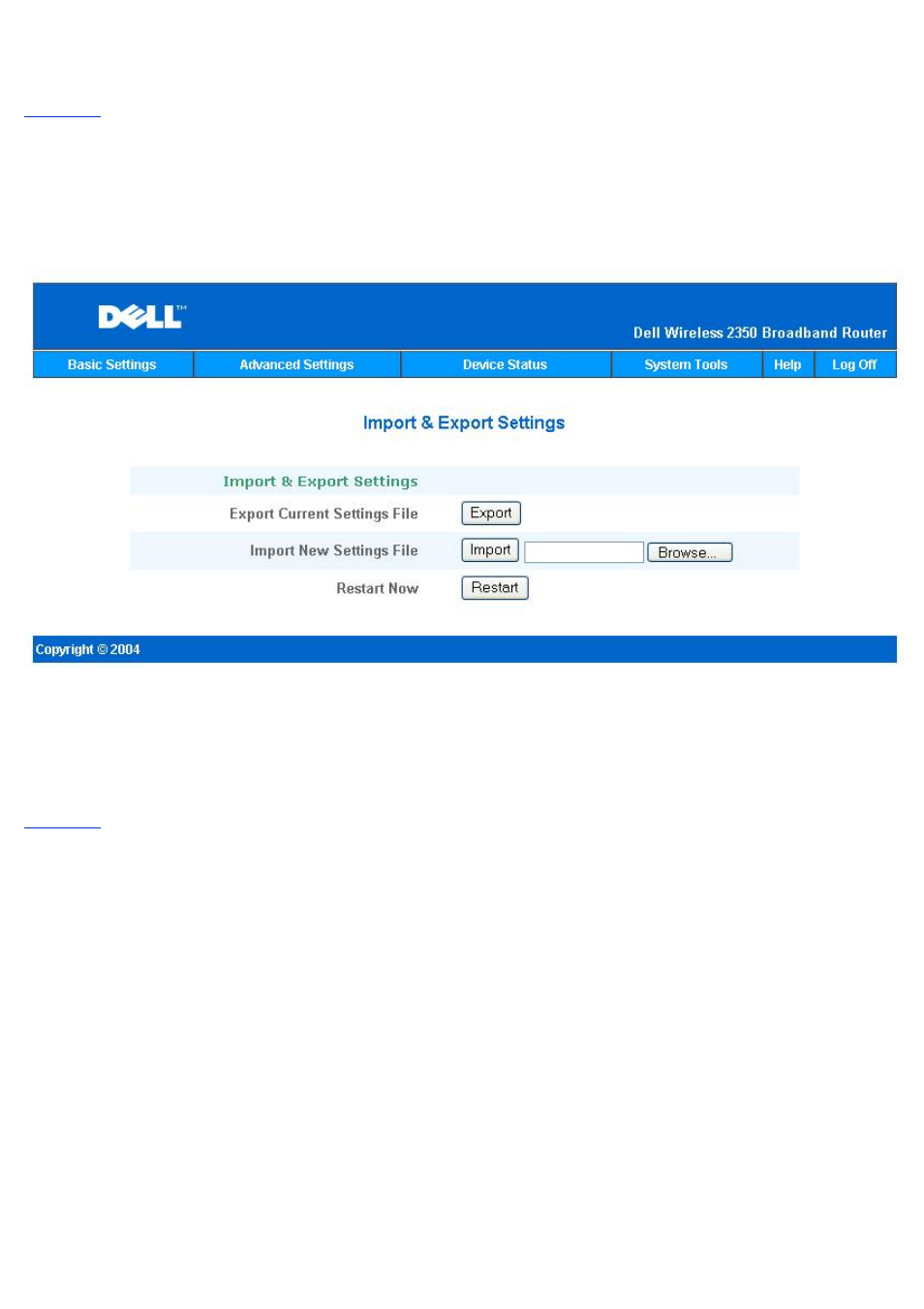 Import/export settings, System statistics | Dell 2350 Wireless Broadband Router User Manual | Page 202 / 211