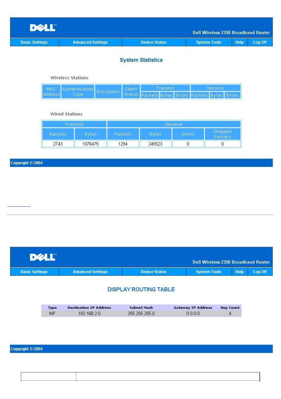 Internet activity log, Display routing table | Dell 2350 Wireless Broadband Router User Manual | Page 203 / 211
