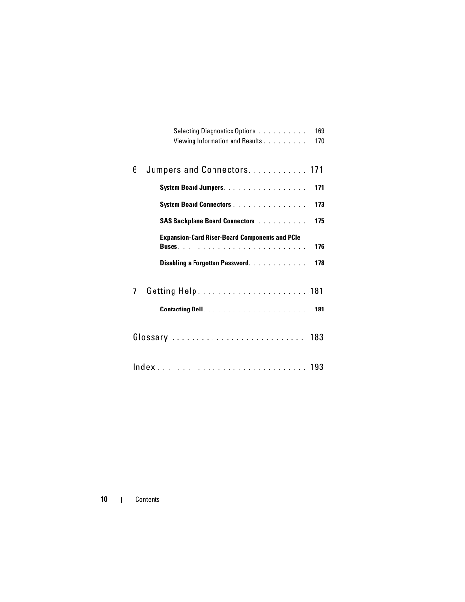 6jumpers and connectors, 7getting help, Glossary index | Dell PowerVault NX3000 User Manual | Page 10 / 200