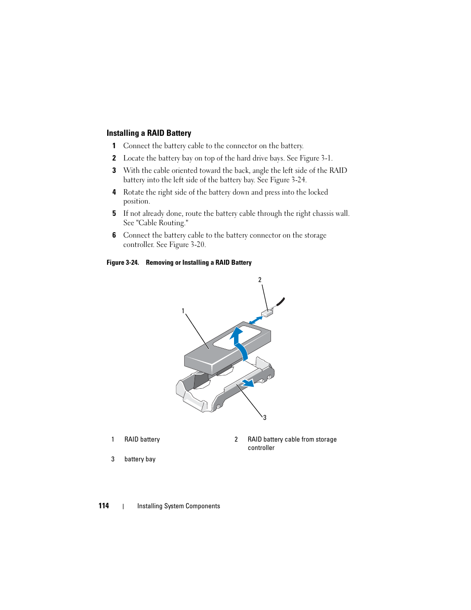 Installing a raid battery, See "installing a raid battery" an | Dell PowerVault NX3000 User Manual | Page 114 / 200