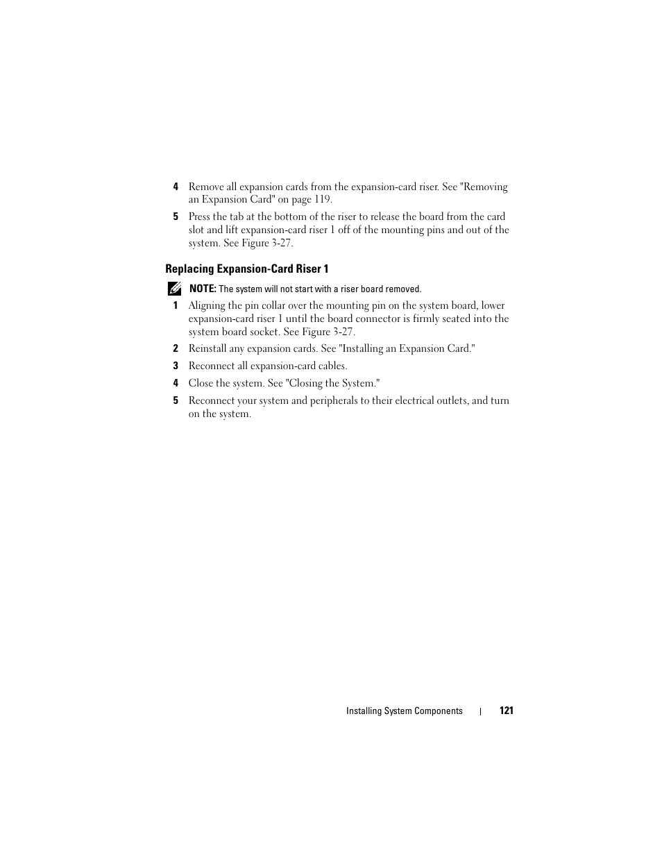 Replacing expansion-card riser 1, S). see "replacing expansion-card riser 1 | Dell PowerVault NX3000 User Manual | Page 121 / 200