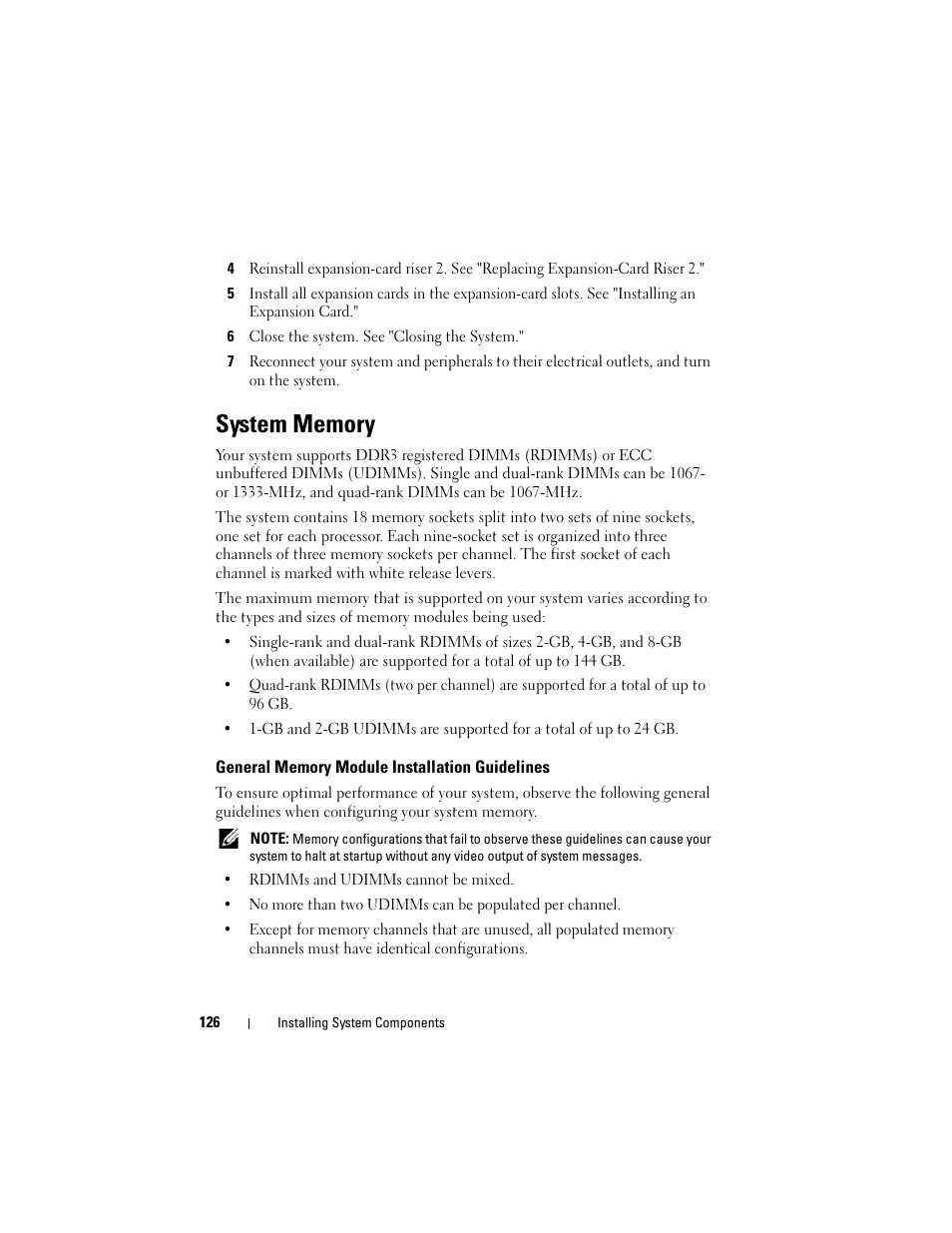 System memory, General memory module installation guidelines, See "system memory | Mirroring mode. see "system memory, General memory module installation guidelines." if | Dell PowerVault NX3000 User Manual | Page 126 / 200