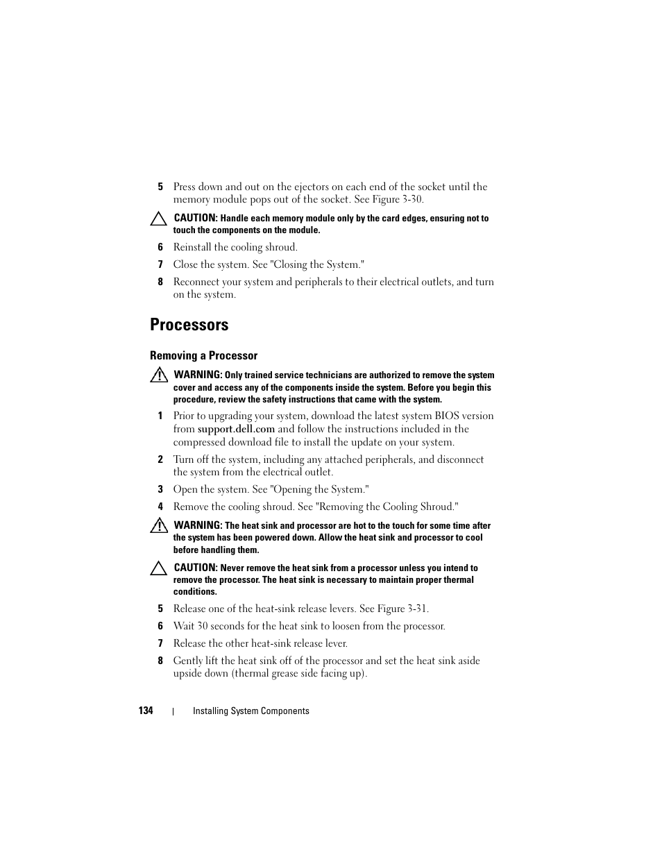 Processors, Removing a processor, See "processors | Dell PowerVault NX3000 User Manual | Page 134 / 200