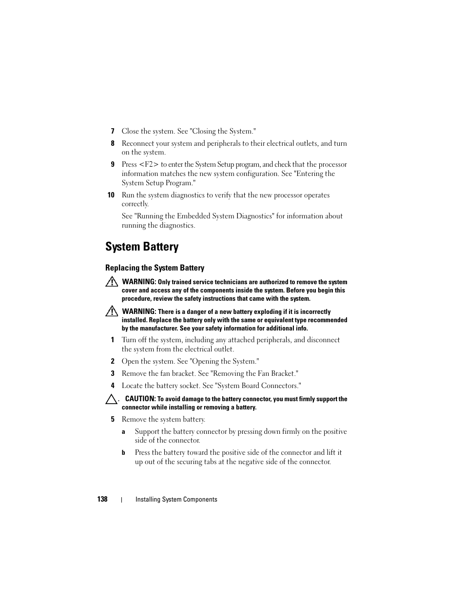 System battery, Replacing the system battery, See "system battery | Dell PowerVault NX3000 User Manual | Page 138 / 200