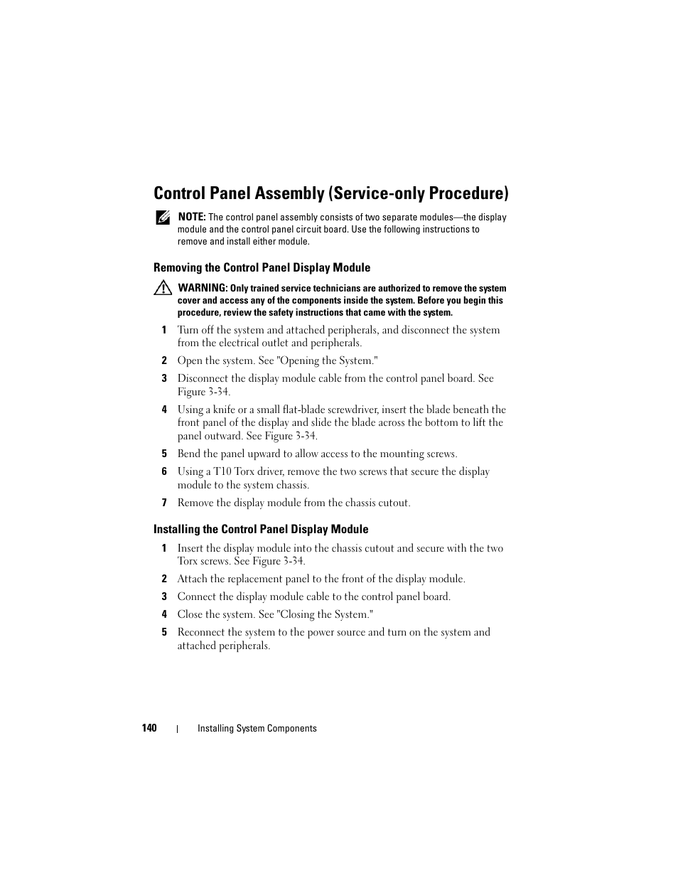 Control panel assembly (service-only procedure), Removing the control panel display module, Installing the control panel display module | Dell PowerVault NX3000 User Manual | Page 140 / 200