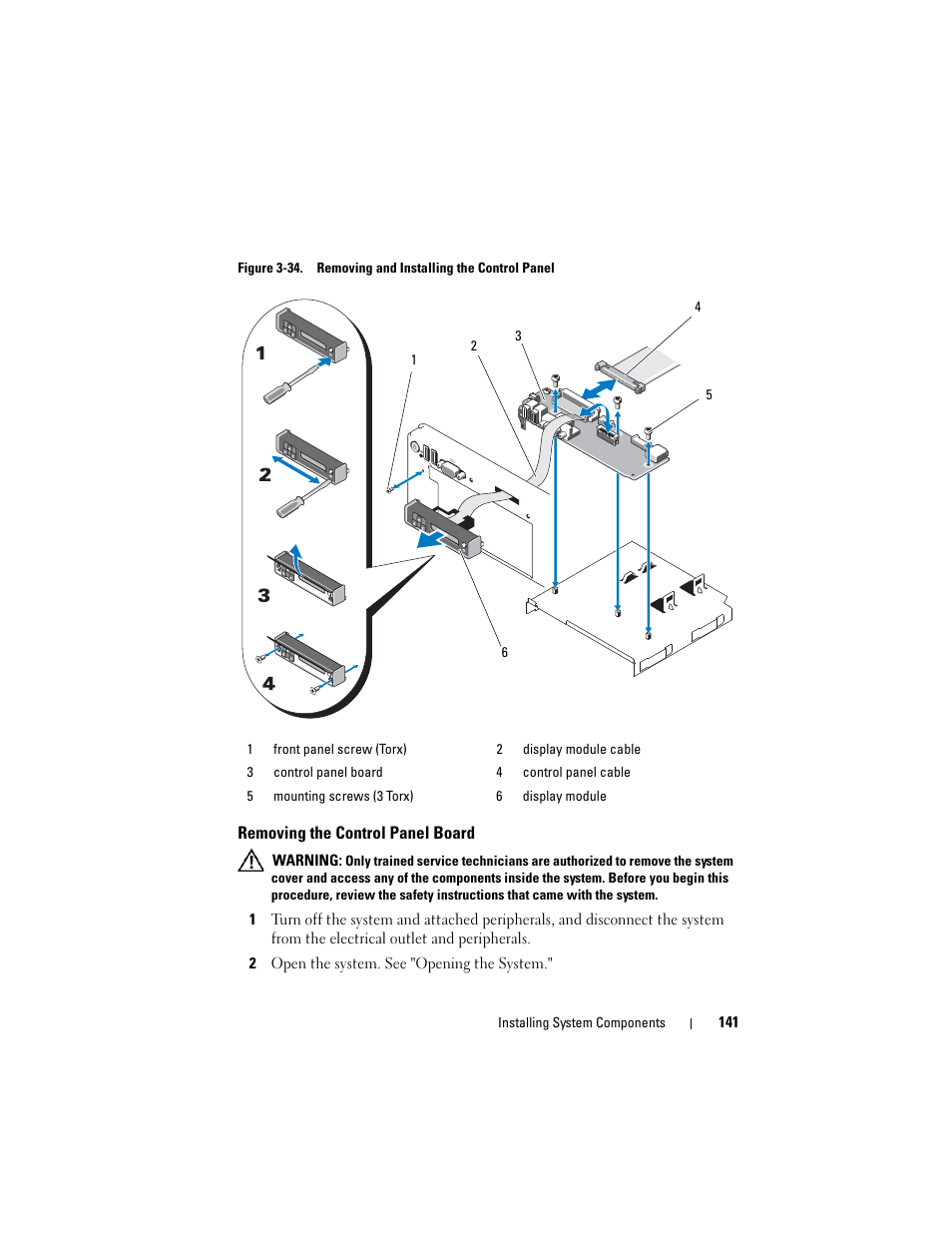 Removing the control panel board | Dell PowerVault NX3000 User Manual | Page 141 / 200