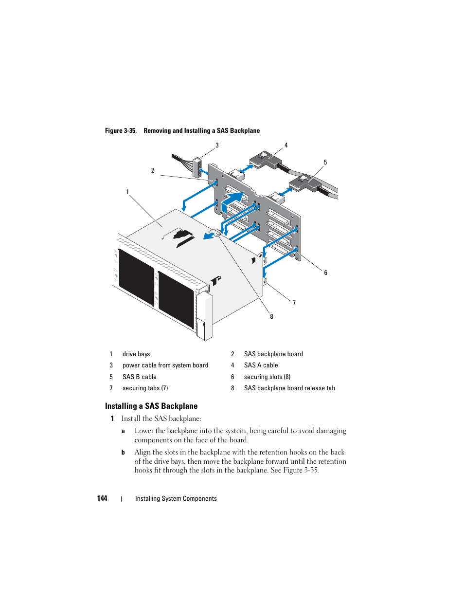 Installing a sas backplane, See figure 3-35 | Dell PowerVault NX3000 User Manual | Page 144 / 200