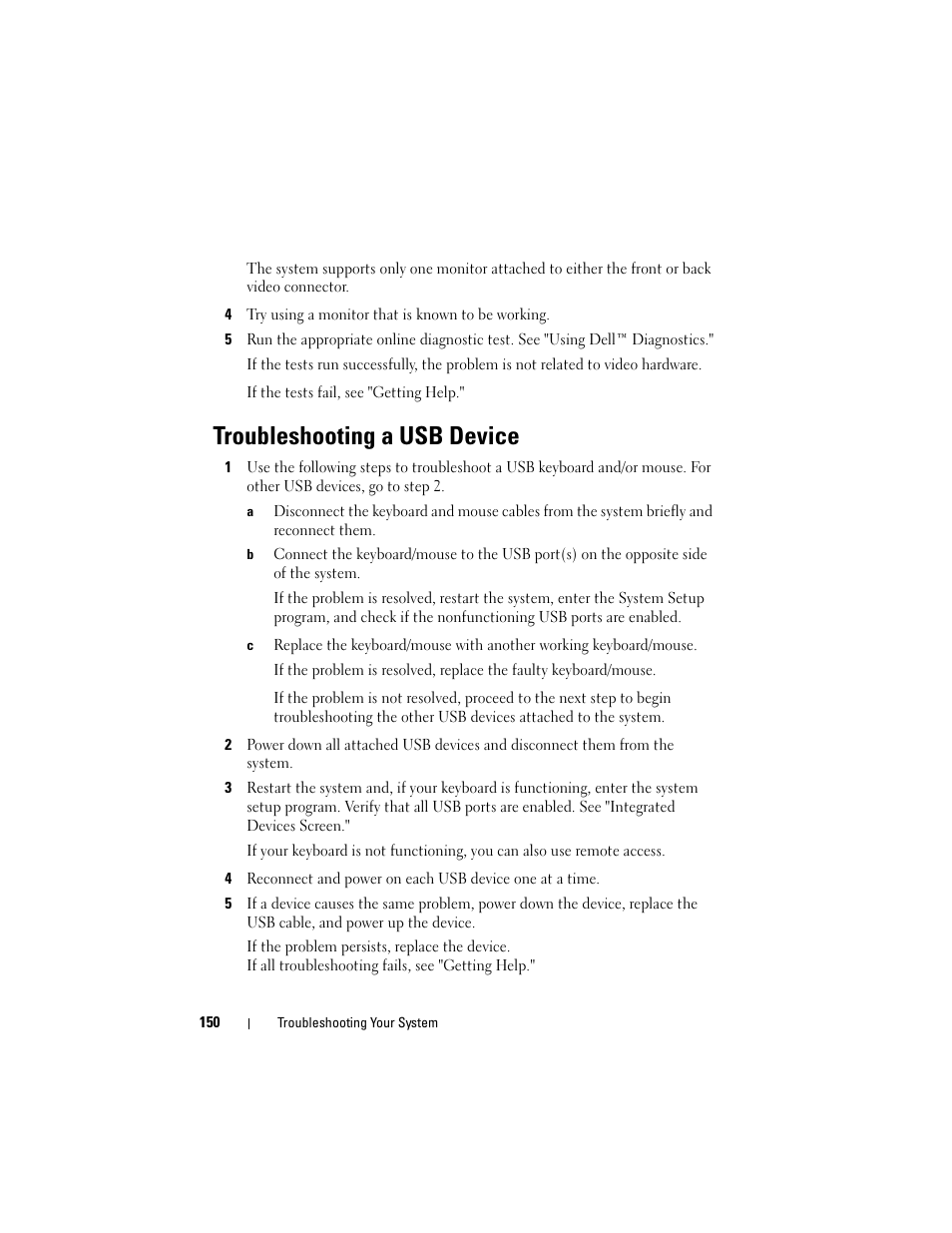 Troubleshooting a usb device, Roubleshooting a usb device, Troubleshooting a usb device," "t | Troubleshooting a usb device" or "t | Dell PowerVault NX3000 User Manual | Page 150 / 200
