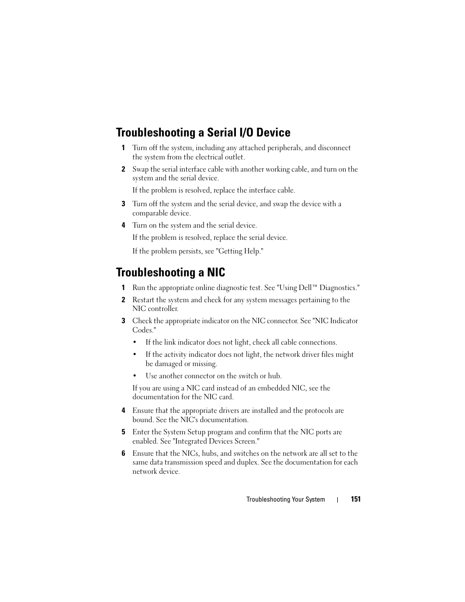 Troubleshooting a serial i/o device, Troubleshooting a nic | Dell PowerVault NX3000 User Manual | Page 151 / 200