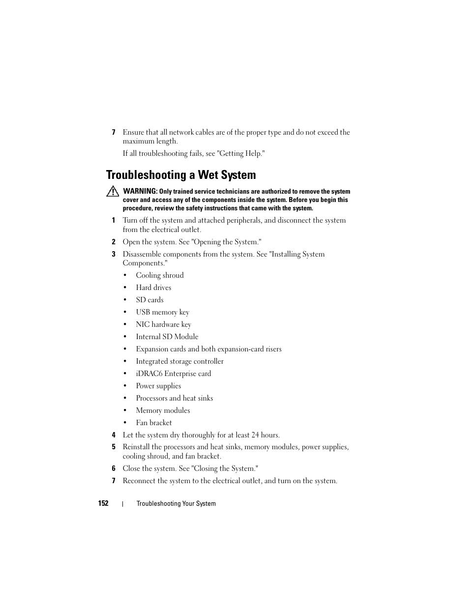 Troubleshooting a wet system | Dell PowerVault NX3000 User Manual | Page 152 / 200
