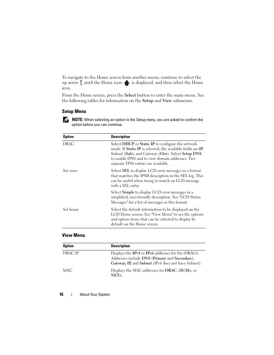 Setup menu, View menu | Dell PowerVault NX3000 User Manual | Page 16 / 200