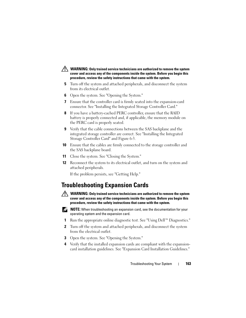 Troubleshooting expansion cards, Troubleshooting expansion cards." if the problem | Dell PowerVault NX3000 User Manual | Page 163 / 200