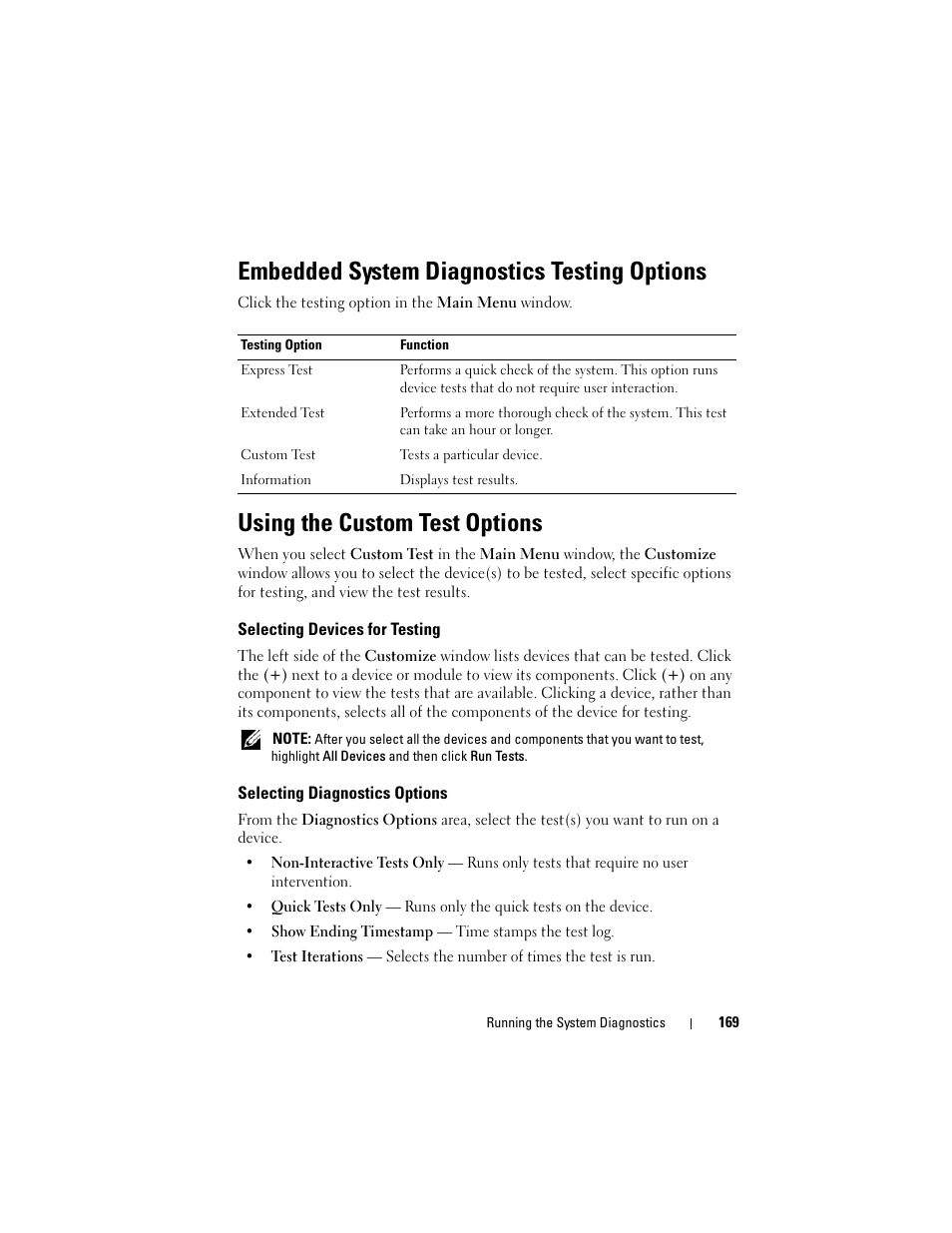 Embedded system diagnostics testing options, Using the custom test options, Selecting devices for testing | Selecting diagnostics options | Dell PowerVault NX3000 User Manual | Page 169 / 200