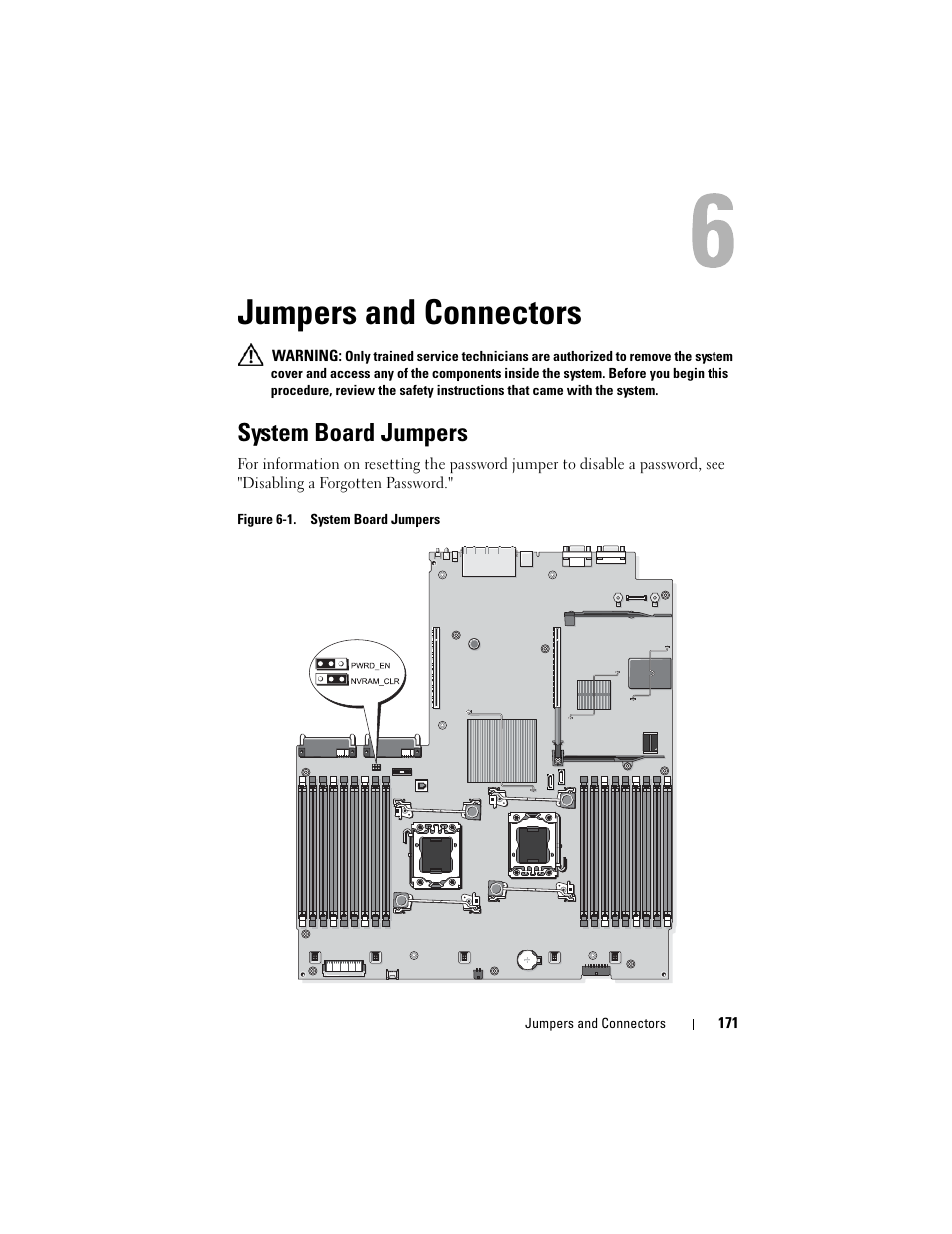 Jumpers and connectors, System board jumpers, Figure 6-1 for jumper | System. see figure 6-1 for | Dell PowerVault NX3000 User Manual | Page 171 / 200