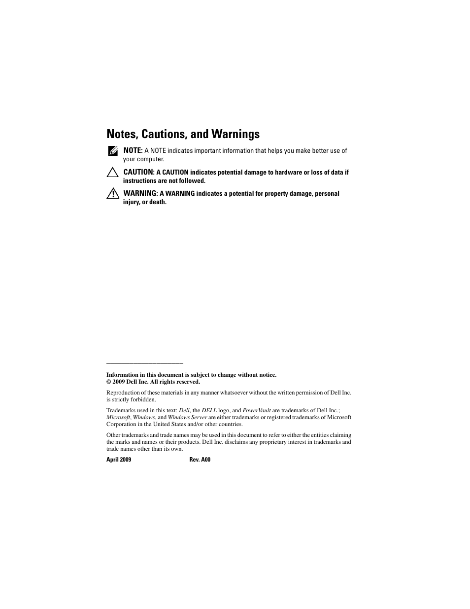 Notes, cautions, and warnings | Dell PowerVault NX3000 User Manual | Page 2 / 200