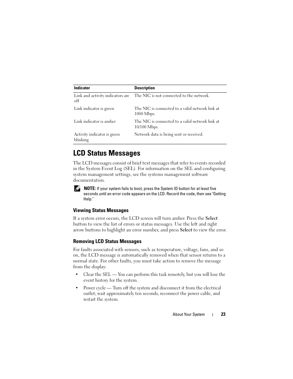 Lcd status messages, Viewing status messages, Removing lcd status messages | Dell PowerVault NX3000 User Manual | Page 23 / 200