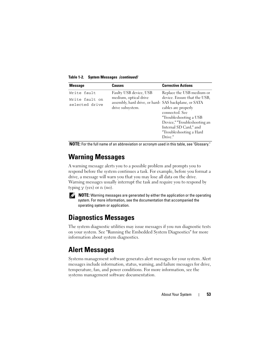 Warning messages, Diagnostics messages, Alert messages | Dell PowerVault NX3000 User Manual | Page 53 / 200